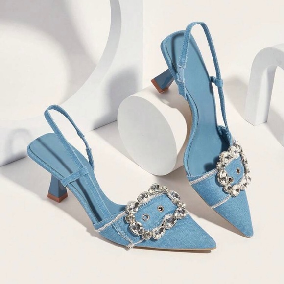 Blue Denim Embellished Sling Back Heels Pumps Shoes - Picture 1 of 4